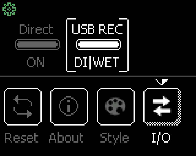 Illustrative render: Settings, I/O tab with Direct ON and USB REC DI|WET