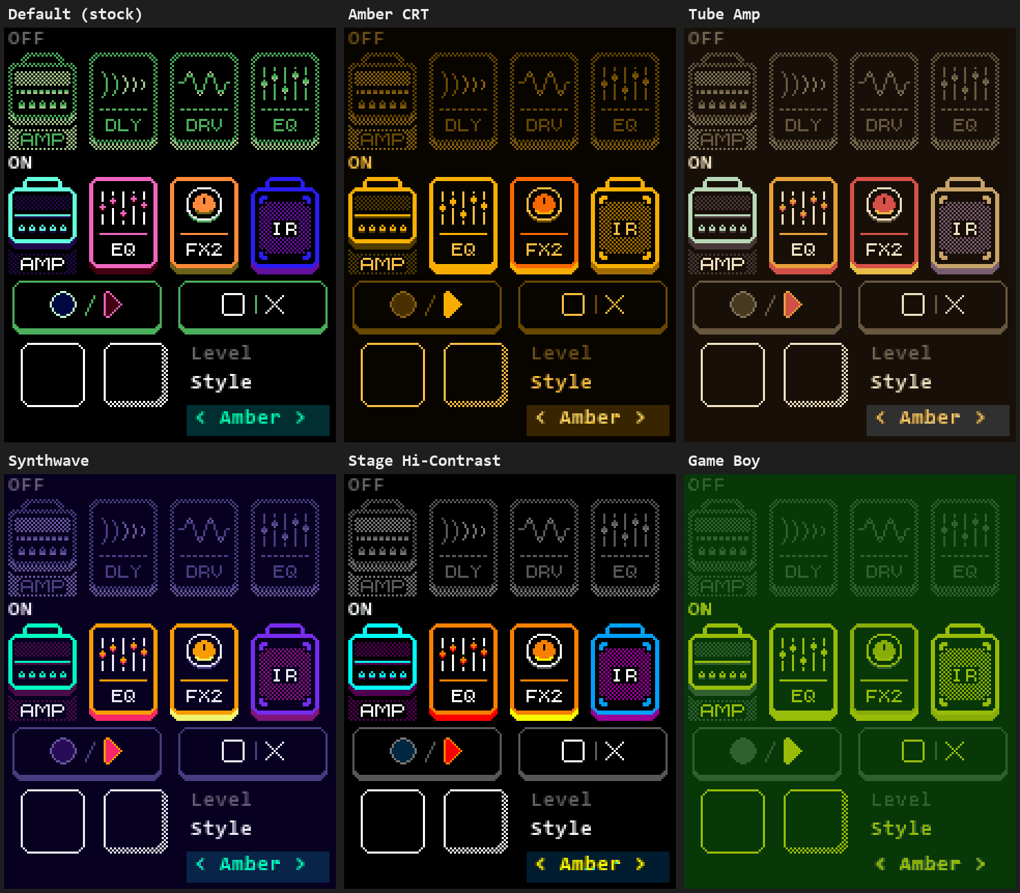Illustrative render: OFF and ON modules, buttons and selections in all six themes
